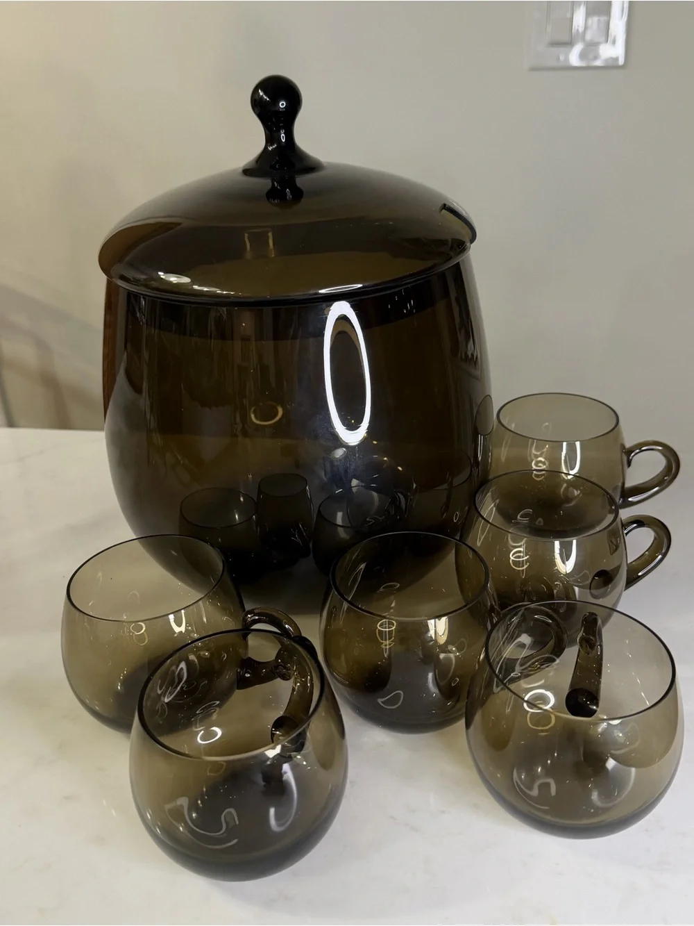 Vintage MCM Smoky Glass Punch Bowl Set with Lidded Centerpiece and 6 cups
